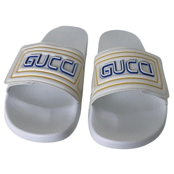 Gucci Men's Print Logo Leather Strap Slide Sandals Sz 10 DM1 - Picture 1 of 12